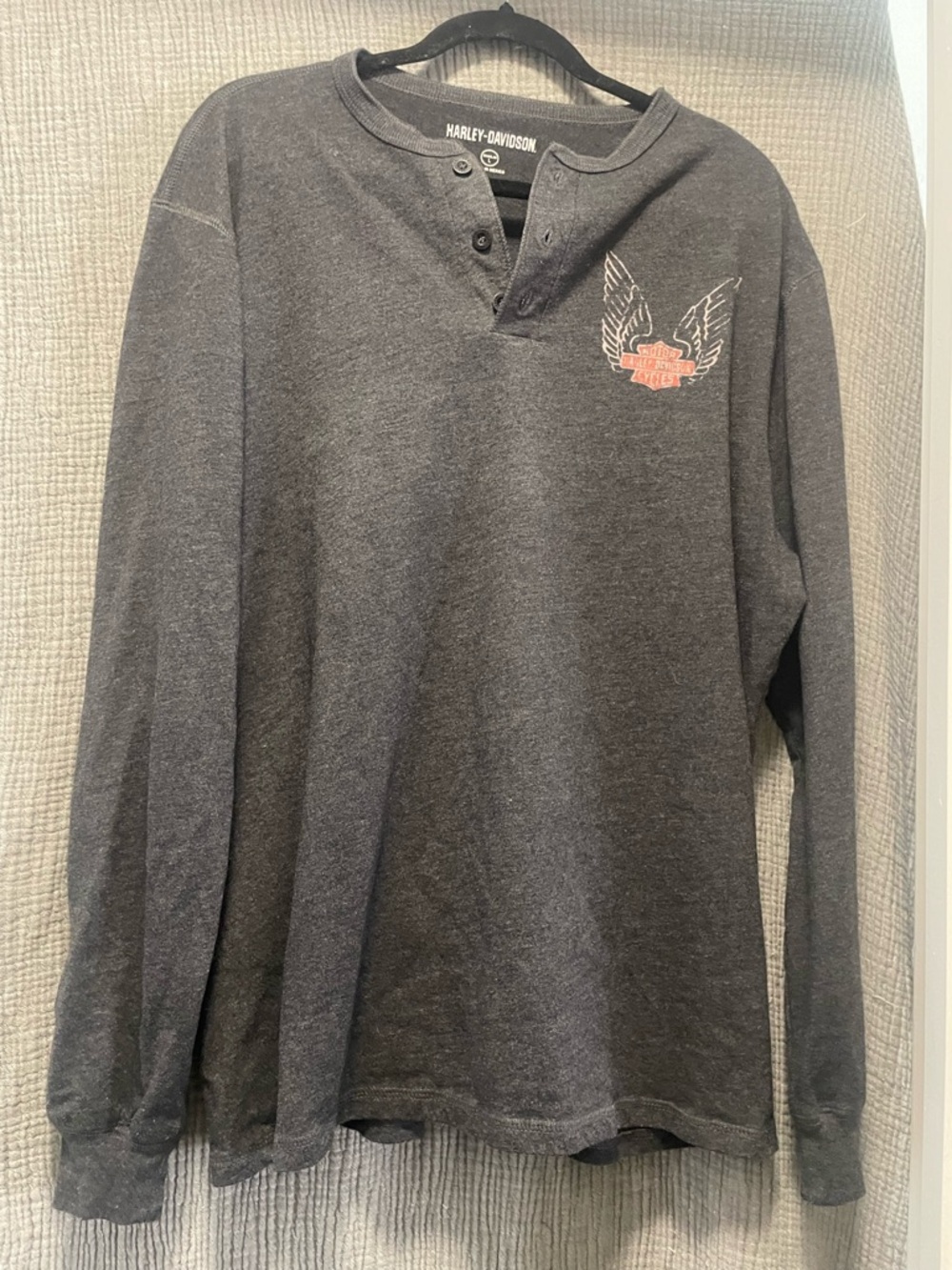 Harley-Davidson Gray Long Sleeve Henley with Small Orange Logo